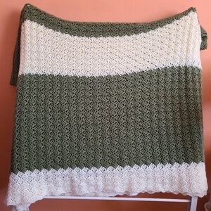 Hand Knitted Green, White & Cream Blocked Baby Blanket